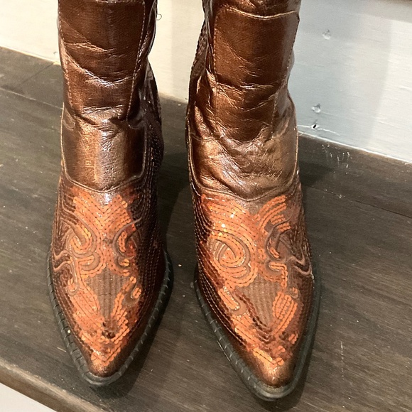 Brown /Cognac John Fashion Sequined Embroidered Pointed Toe Cowboy Boots Sz - Picture 4 of 16